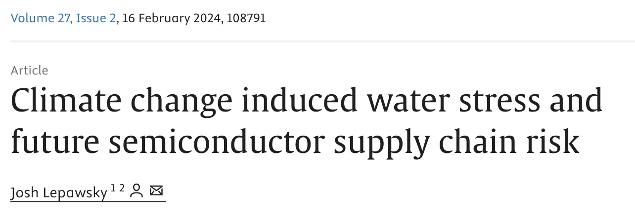Headline of an iScience article on climate-change-induced water stress and future semiconductor supply chain risk.