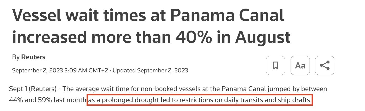 Composite of Reuters article excerpts describing Panama Canal vessel wait times increasing because prolonged drought led to transit restrictions.